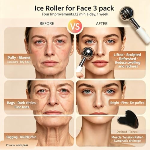 Ice Roller for Face & Eyes, Stainless Steel Ice Globes with Gua Sha Set, 3-Piece Facial Kit for Puffiness, Depuffing and Lymphatic Drainage, Cryo Facial Massage Tools, Neck & Jawline, Home Spa Gift - Image 2