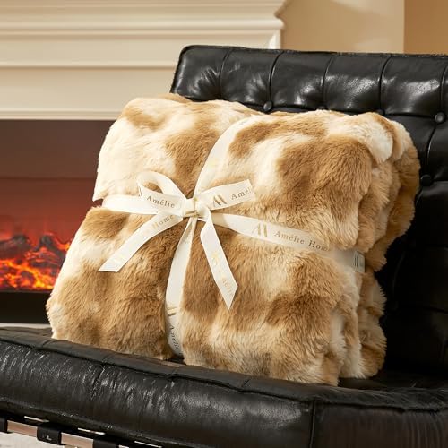 Amélie Home Faux Fur Throw Blanket for Couch, Ultra Soft Fuzzy Plush Bubble Throw for Sofa, Living Room & Home Decor, 50"x60", Tie-dye Khaki - Image 3