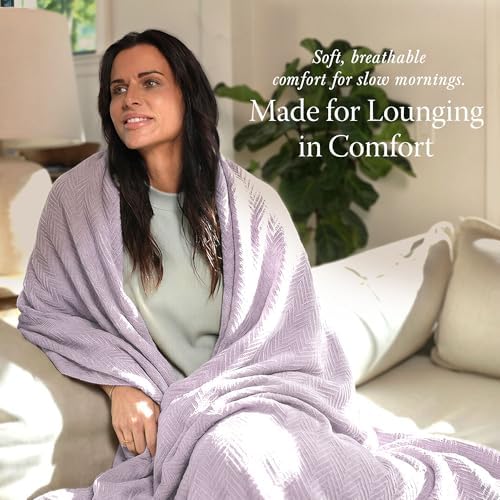 Threadmill Luxury 100% Cotton King Herringbone Blanket, Lilac - Image 3