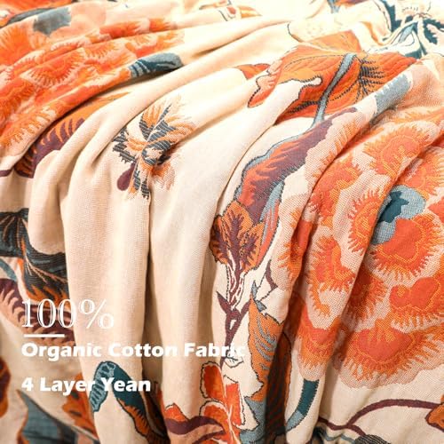 VANJOROY Boho Large Throw Blanket, 100% Organic Cotton Breathable Soft Bed Throw - Floral Bird Farmhouse Decor Blanket for Sofa Couch Chair Quilt and Gift. 91" x 98"- Beige - Image 6