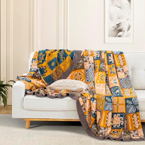 100% Muslin Cotton Throw Blanket for Bed Couch Chair, Bohemian Tribal Patchwork Retro Quilt Ultra Soft Reversible Gauze Blanket for All Season, 60"x80" - Image 3