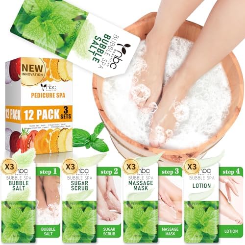 Pedicure Kit Foot Soak Set: Bubble Salt, Sugar Scrub, Massage Mask, Massage Lotion in a Box, 4 Step Foot Spa Kit for Dry Feet, Calluses and Tired Feet（3 Set Peppermint） by nbcBeautiLab