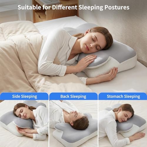 Ergonomic Cervical Pillow for Neck Pain, Dual-Height Memory Foam for Side/Back Sleepers 3.5/4.7in, Cooling Gel Orthopedic Bed Pillow with Washable Cover, 22.8x15in Grey/White - Image 2