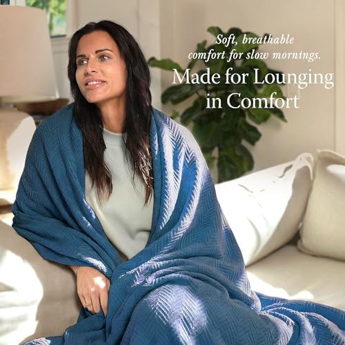 Threadmill Luxury 100% Cotton King Herringbone Blanket, Folkstone Blue - Image 3