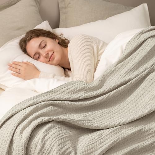 PHF Lightweight Waffle Weave Blanket Queen Size 90"x 90", Soft Woven Summer Blanket for Hot Sleepers - Aesthetic Home Decor for Couch Bed Sofa, Pet Friendly, Natural/Linen - Image 5