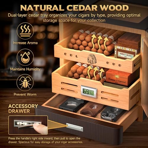 XIFEI Cigar Humidor Cabinet, Glass Top & Adjustable LED Lighting, Digital Hygrometer, 2 Humidifiers, Cigar Tube, Desktop Cedar Wood Humidor with Accessory Drawer for 80-100 Cigars, Ideal Men's Gift - Image 5