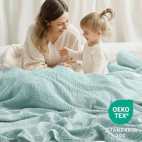 100% Cotton Muslin Blanket California King 120" x 90", 6 Layers Breathable and Lightweight Oversized Blankets for Bed, Soft Cooling Gauze Blanket for Adults All Season, Mint - Image 5