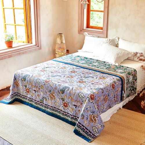 VANJOROY Boho Throw Blanket 60" x 80", 100% Organic Cotton Breathable Ultra Soft Bed Purple Quilt Throw - All Season Luxury Floral Farmhouse Decor Blanket for Sofa Couch Chair and Gift. - Image 5