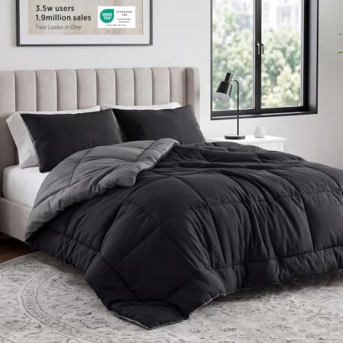 Bedsure Comforters King Size Duvet Insert, Quilted Down Alternative Comforter, Ultra Soft Lightweight Comforter Blanket for Bed, with 8 Tabs, Machine Washable, 90x102 in,Black/Grey by Unknown