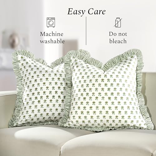 CPC Lotus Meadow Hand Block Print 100% Cotton Ruffle Throw Pillow Cover 24x24 inch with Hidden Zipper Decorative for Couch, Bed, Sofa, Farmhouse, Cottagecore Decor Gift Christmas Fall Thanksgiving - Image 4