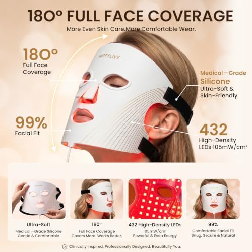 Red Light Therapy for Face Mask, Blue Light Therapy for Acne, Gifts for Women, Wrinkle LED Face Mask, 432 LED with Full Face Coverage & 3 Light Modes, Travel Bag for Home Use & Travel, Black - Image 6