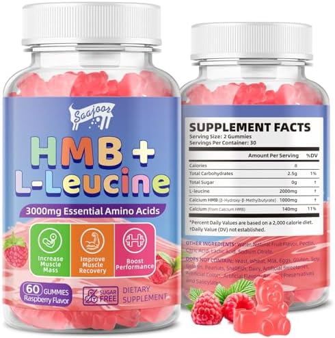HMB & L-Leucine 3000mg with Calcium Gummies - Muscle Support & Recovery for Adults & Elderly, Vegan, Gluten Free, 60 Gummies by SaajoorGummies