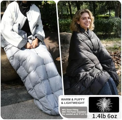 Down Camping Blanket - Lightweight, Packable, Warm & Puffy Outdoor Travel Quilt for Sleep, Hiking, Backpacking, Stadium, Festivals, Water-Resistant Sleeping Bag 55"x79" - Image 2