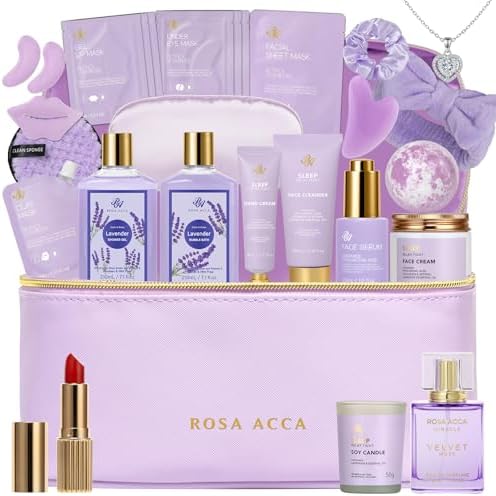 25 Pcs Mother's Day Gift, Lavender Bath & Body Gift Basket Set for Women, Hydrating Skin Care Set, Self Care Home Spa Gifts, Cosmetic Bag, Necklace, Christmas, Birthday, Anniversary, Wife by RAROSAACCA