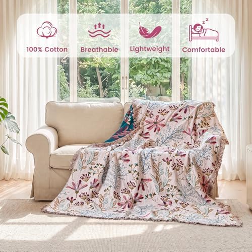 MSGKV Boho Throw Blanket 50"x60" 100% Cotton Floral Throw for Couch Sofa - Image 2