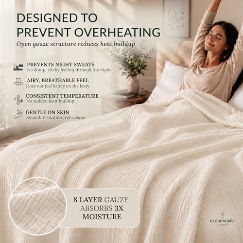 CLOUDSCAPE 8 Layer Muslin Blanket for Adults - 100% Cotton Gauze Muslin Blanket Twin Size - 68" x 92" Fits Twin XL Bed - All Season Soft Bedding Lightweight Breathable Summer Blankets - Ivory - Image 4