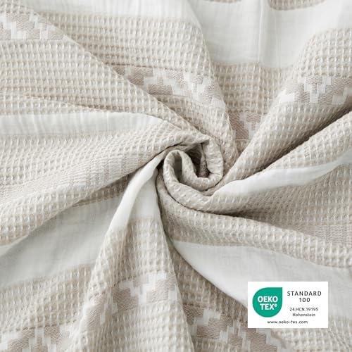 Bedsure PureWoven Boho Striped Cotton Waffle Duvet Cover Set, Queen, Linen - Image 3