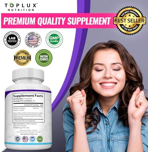 Toplux Multi Collagen Peptides Pills 1800 Mg Complex - Type I, II, III, V, X Premium Collagen Complex for Better Skin & Hair, Strong Joint, Hydrolyzed Protein, for Men Women, 90 Capsules, Supplement - Image 7
