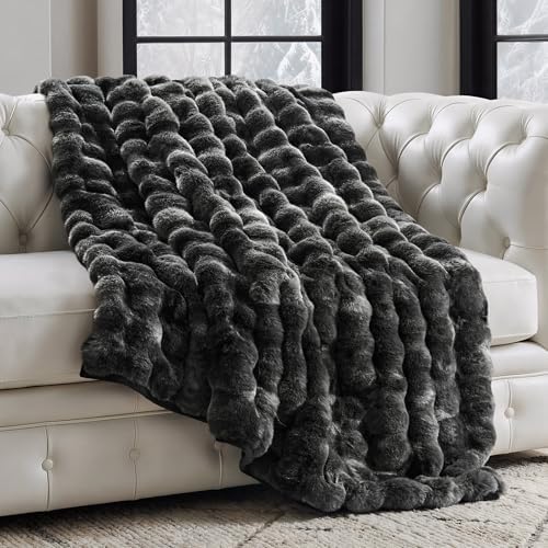 EverGrace Faux Rabbit Fur Bubble Throw Blanket, 50"x60", Marble Black by EVERGRACE