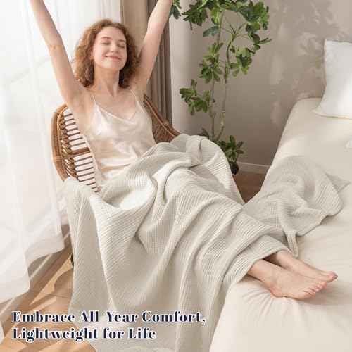 PHF 100% Cotton Muslin Throw Blanket 50" x 60", 4-Layer Lightweight and Breathable Blanket, Luxuriously Soft Gauze Throws for Couch Bed Sofa, Ideal Gift Choice, Oat Milk - Image 2