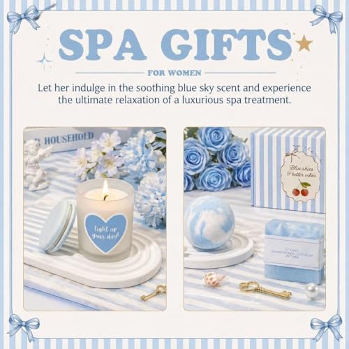 Gift Baskets for Women 9pcs Coquette Bow Birthday Gifts for Teen Girls Blue Cherry Stripe Gift Box Glass Cup Trendy Self Care Spa Stuff for Her Sister Friend Mom Perfect for Sweet 16 18th 21st Bday - Image 5