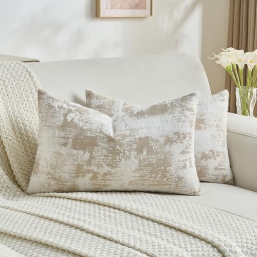 FUTEI Pack of 2 Faux Cashmere Throw Pillow Covers 12x20 Inch,Khaki White by FUTEI