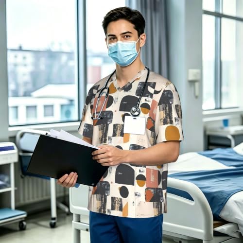 Men's Scrub Top,V-Neck Spill Wrinkle Resistant,3 Pockets-Minimal Abstract Shapes (3) - Image 3