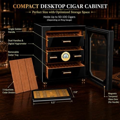 Woodronic Cigar Humidor Cabinet for 100 Counts with Digital Hygrometer, Crystal Gel Humidifiers, Spanish Cedar Lined Trays & Dividers, Polished Piano Black, Desktop Cigar Box Gift for Men - Image 3
