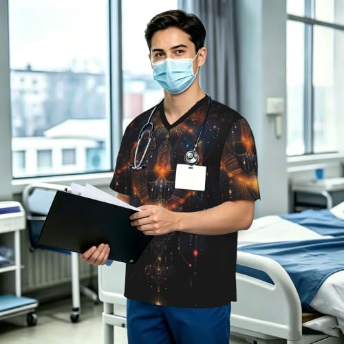 Men's Scrub Top,V-Neck Spill Wrinkle Resistant,3 Pockets-Mysterious Universe (4) - Image 3