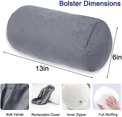 1 MIDDLE ONE Round Cylinder Bolster Pillow with Removable Velvet Cover, Tube Roll Cervical Pillow for Head, Neck, Back and Legs Support, 13" x 6", Grey - Image 2