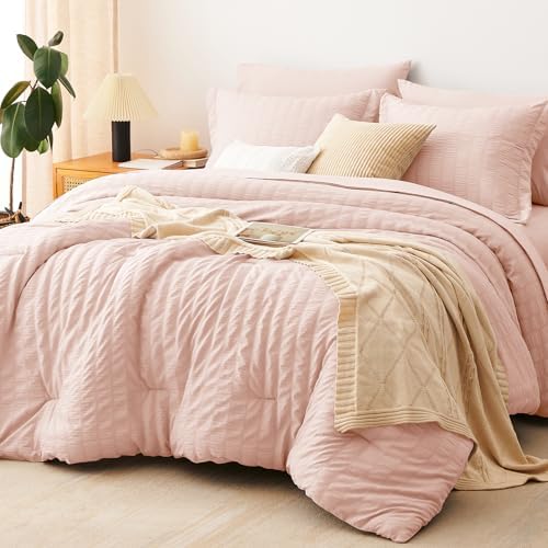 CozyLux Full Size Comforter Set 7 Pieces Blush Pink Seersucker Bed in a Bag by CozyLux