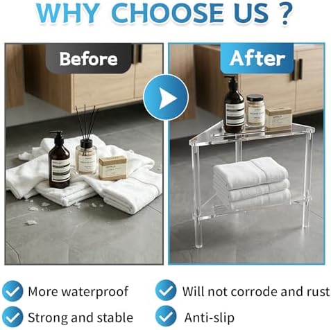 Acrylic Corner Shower Stool for Shaving Legs - Clear Triangle Shower Stool with 2-Tier Storage Shelf - Modern Bathroom Step Stool - Includes 1 Bath Sponge & 2 Shower Loofahs for Exfoliation - Image 6