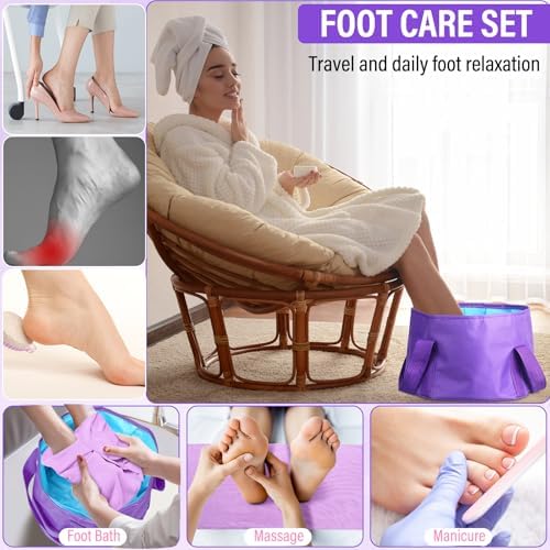 FillTouch 12 Pcs 15L Foldable Foot Soaking Tub Kit Portable Foot Bath Tub for Soaking Feet with Towel and Storage Bag Soak Spa Bucket for Travel Camping (Purple) - Image 6