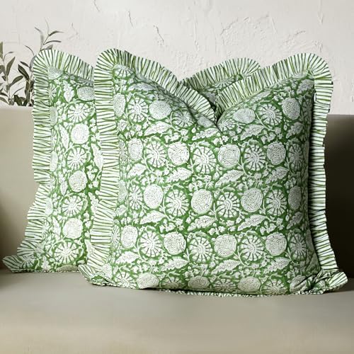 CPC Olive Bloom Hand Block Print 100% Cotton Ruffle Throw Pillow Cover 24x24 inch with Hidden Zipper Decorative for Couch, Bed, Sofa, Farmhouse, Cottagecore Decor Gift Christmas Fall Thanksgiving by COTTONPRINTCLUB