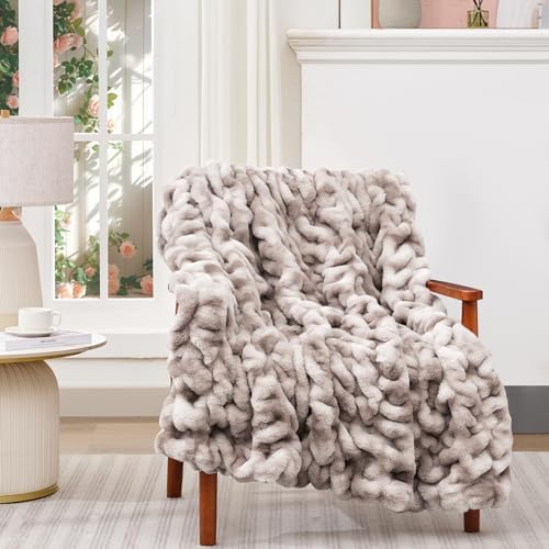 Touchat Ruched Rabbit Faux Fur Blanket Twin, Fluffy Soft,Tie-dye Coffee - Image 7