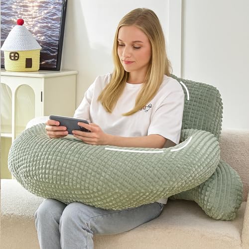 19" Reading Pillow for Bed,U Shaped Arm & Elbow Support,Green Flannel by PAJEO