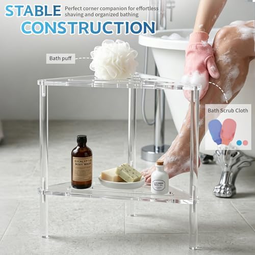 Acrylic Corner Shower Stool for Shaving Legs - Clear Triangle Shower Stool with 2-Tier Storage Shelf - Modern Bathroom Step Stool - Includes 1 Bath Sponge & 2 Shower Loofahs for Exfoliation - Image 4