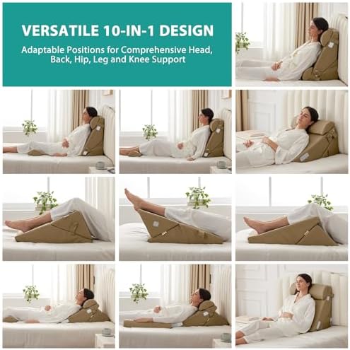 Bedluxe Adjustable 4pcs Bed Wedge Pillow Set, Memory Foam Wedges Pillow Post Surgery for Back, Neck, Leg Pain Relief, Pillows Wedge for Sleeping, Sitting up in Bed, Acid Reflux and GERD, Brown - Image 3