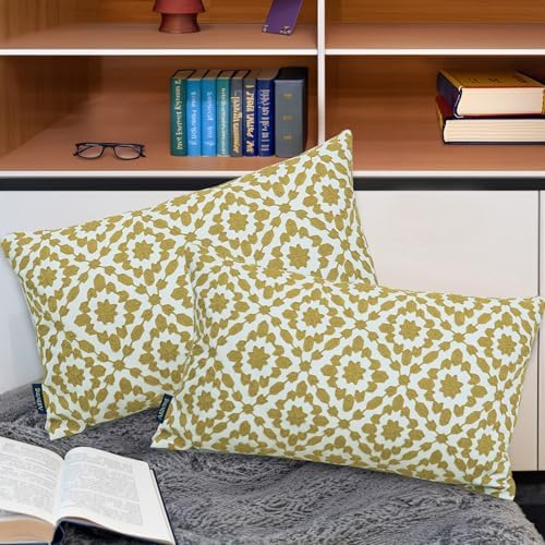 Decorative Pillow Cover Golden Palm 12x20 Lumbar Pillow Cushion Cover Oil Yellow Trellis Mina Throw Pillow Case Dark Mustard Yellow/Ochre Gold Color 1 pc Cotton Canvas 30x50cm - Image 2