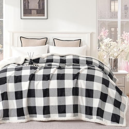 PU MEI Sherpa Fleece Throw Blanket 80" x 90" Reversible Plush Fluffy Large Big Blanket Lattice Flannel Blankets for All Season Use, Black and White - Image 7