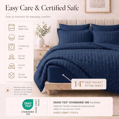 CozyLux King Size Comforter Set, 7 Pieces Navy Blue Seersucker Bed in a Bag - Image 5