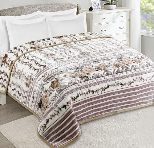 Nestl 9 Lbs Velvet Fleece Queen Size Blanket - 2 Ply Heavy & Warm Korean Style - Reversible Printed Raschel - Wrinkle & Fade Resistant - 79 x 94 Inches - Beige by Nestl