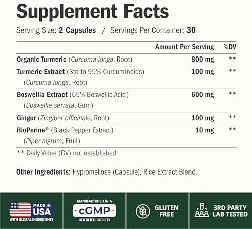 Boswellia Serrata Turmeric Curcumin Supplement: Organic Tumeric, Boswellia Extract, Ginger & BioPerine for Max Absorption – Inflammation & Joint Supplements for Men & Women – Non-GMO – 60 Capsules - Image 3