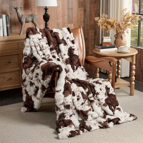 Lotus Karen Faux Fur Throw Blanket Cow Print-Dark Brown, Fluffy Fuzzy Plush Bubble Blanket for Couch, 80x60 Inches Cozy Shaggy Rabbit Blanket, Luxury Decorative Gifts for Sofa Bedroom Living Room. - Image 3