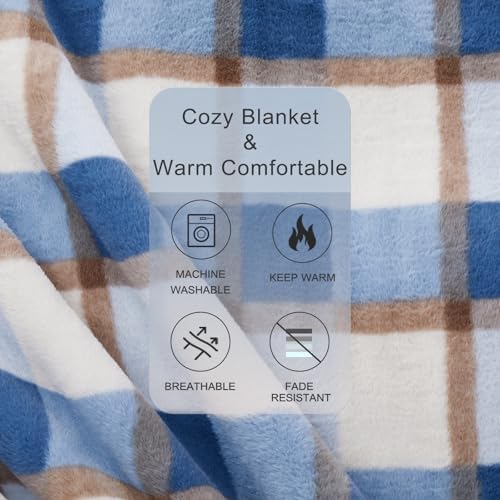 PU MEI Super Soft Faux Rabbit Fur Sherpa Fleece Throw Blanket, Reversible Luxury Cozy Cute Furry Blanket, Plush Warm Shaggy Fluffy Checkered Blankets for Sofa Couch Bed (Blue-Plaid, 60" x 80") - Image 5