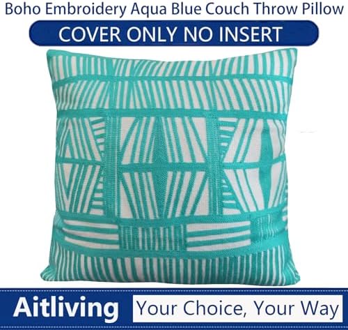 Throw Pillow Cover Decorative 18x18" Aqua Sky Blue and White 1pc Square Chair Pillow Case Decorative Bolero Geometric Boho Tribal Embroidered Patterned Cotton Canvas Cushion Cover 45.5x45.5cm - Image 7