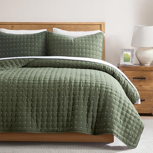 WDCOZY King Size Quilt Bedding Sets with 2 Pillow Shams, Lightweight Soft Bedspread Coverlet, Quilted Blanket Thin Comforter Bed Cover for All Season, 3 Pieces, 104x90 inches, Moss Green by WDCOZY