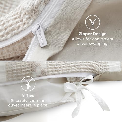 Bedsure PureWoven Boho Striped Cotton Waffle Duvet Cover Set, King, Linen - Image 6