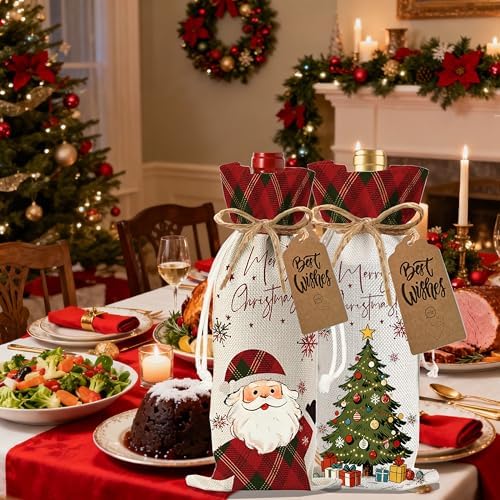 1Pcs Wine Bags Christmas Gift Bag, Wine Bottle Bags Merry Xmas Bottle Covers for Merry Christmas,Birthday, Holiday Party,Wedding,Storage with 1Pcs Kraft Blessing Cards and natural jute rope - Image 6