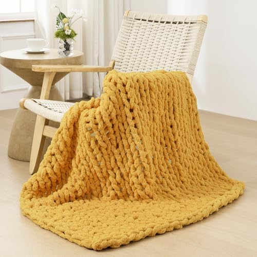 Bigacogo Chunky Knit Throw Blanket for Couch, 40x40 inches, Mustard Yellow by Bigacogo